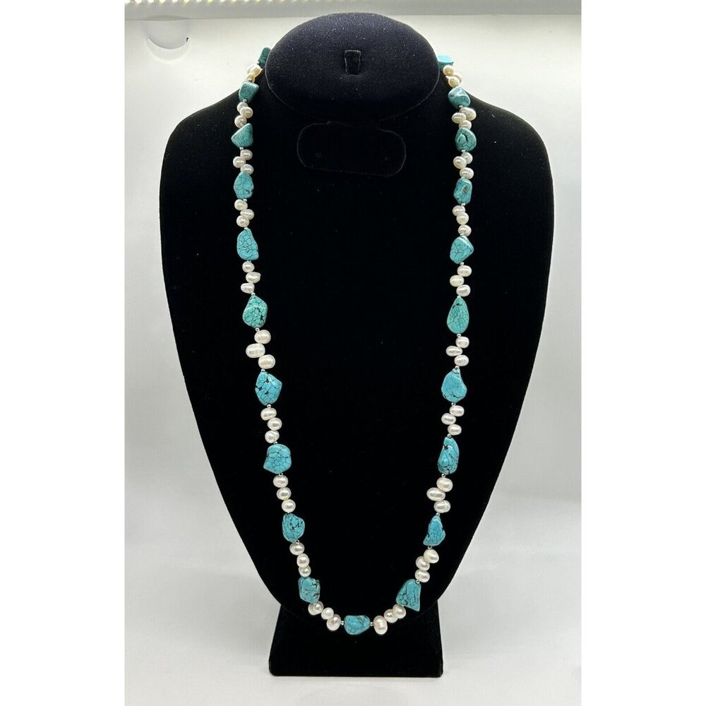 Fresh Water Pearl & Turquoise Colored Gemstone Necklace Bracelet Earring Set - Picture 2 of 6
